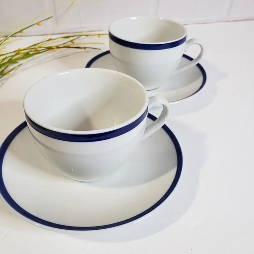 Set of 2 Williams Sonoma Brasserie Blue Trim Flat Coffee Cups & Saucers Japan